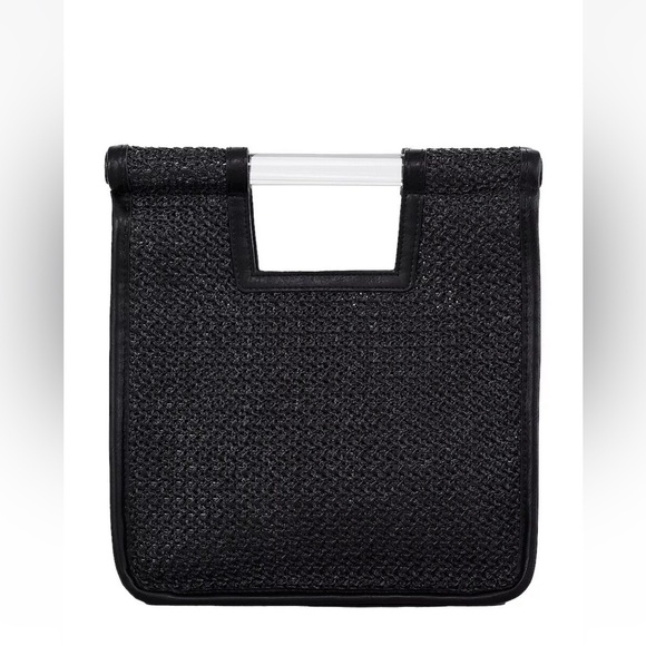 Woven Straw Top Handle Bag Black Leather Trim Crossbody Purse - Picture 2 of 3